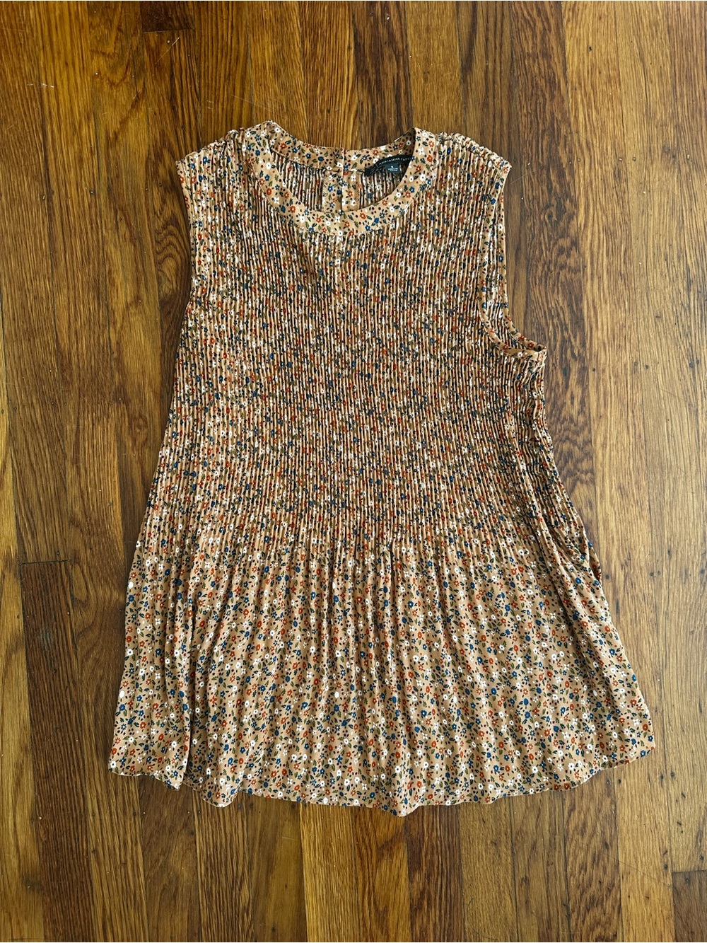 Adrianna Papell Tan Floral Smocked Sleeveless Tunic Top